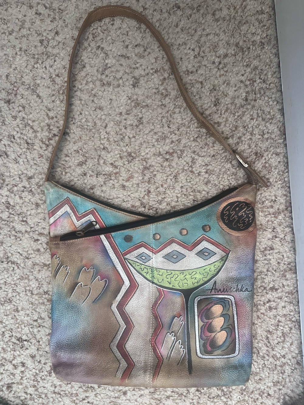 Anuschka Multicolor Painted Leather Crossbody Bag - Teal, Green, Pink, Brown